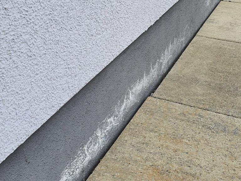 Weiße Salzausblühungen (Mauersalpeter) am Sockelputz eines Hauses